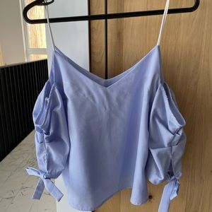 White and blue off the shoulder blouse